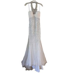 Jovani White Maxi Dress with Silver Accents